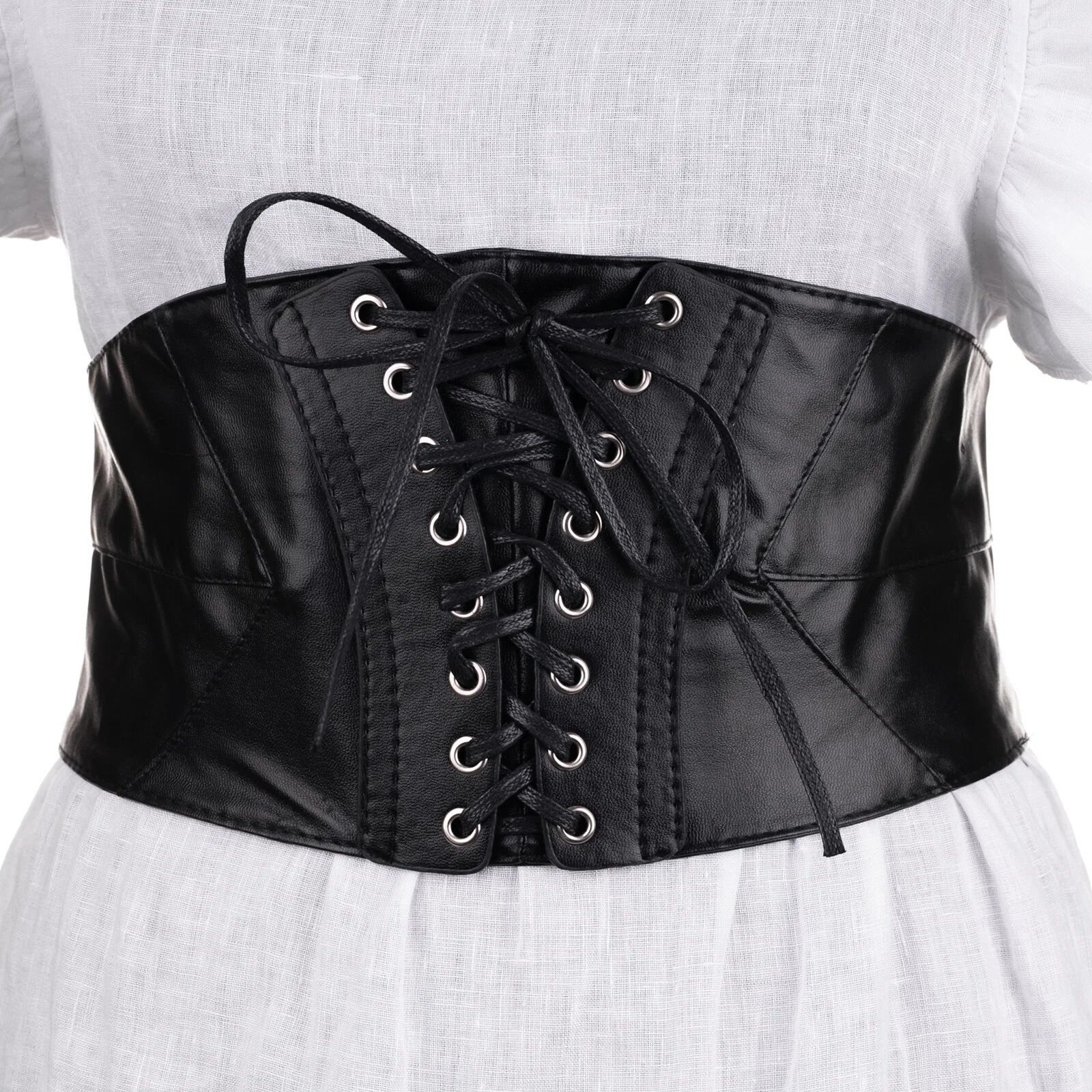 Shopika Centura corset lata din piele ecologica cu siret si capse argintii elastic la spate