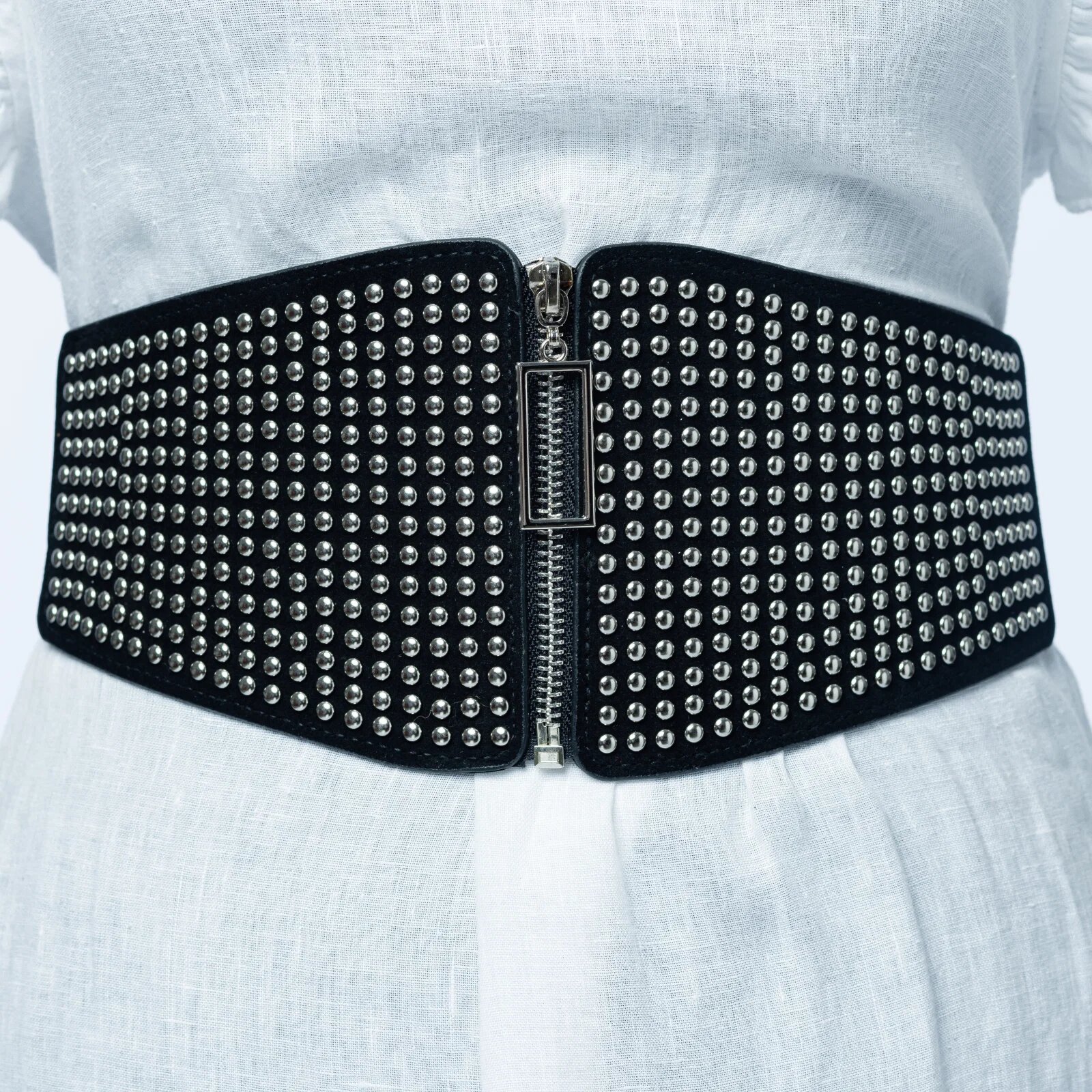 Shopika Centura corset lata din piele ecologica cu tinte metalice argintii si fermoar