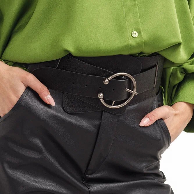 Shopika Centura corset lata din piele ecologica neagra cu catarama argintie antichizata