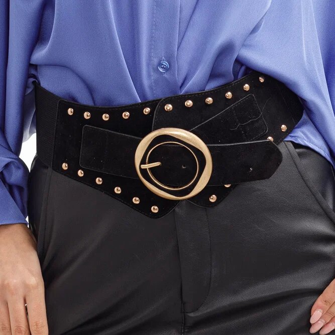 Shopika Centura corset lata din piele ecologica neagra cu catarama si tinte aurii si elastic la spate