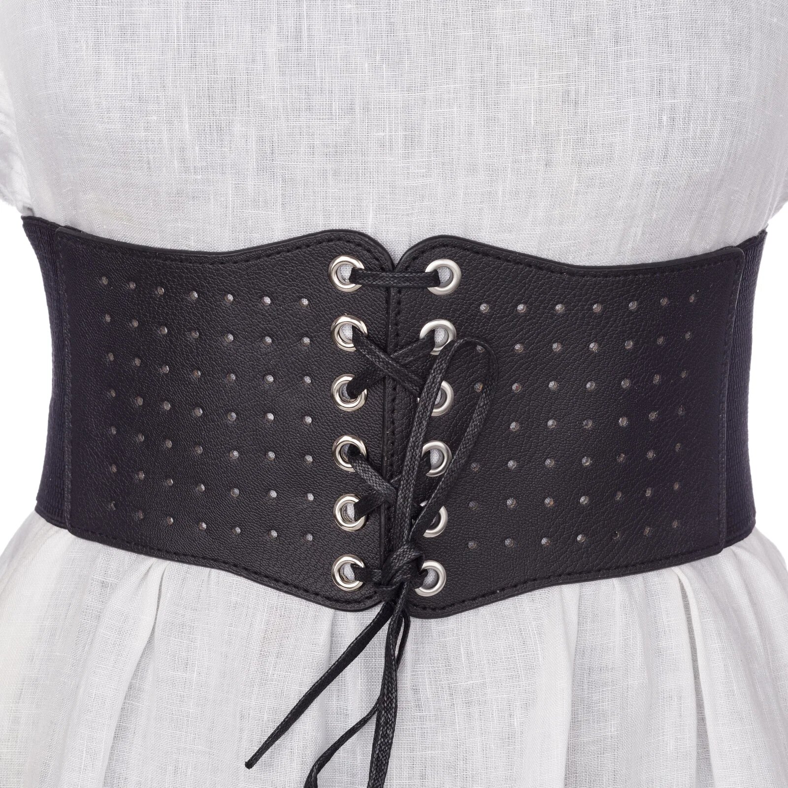 Shopika Centura corset lata din piele ecologica neagra perforata cu siret si capse mici