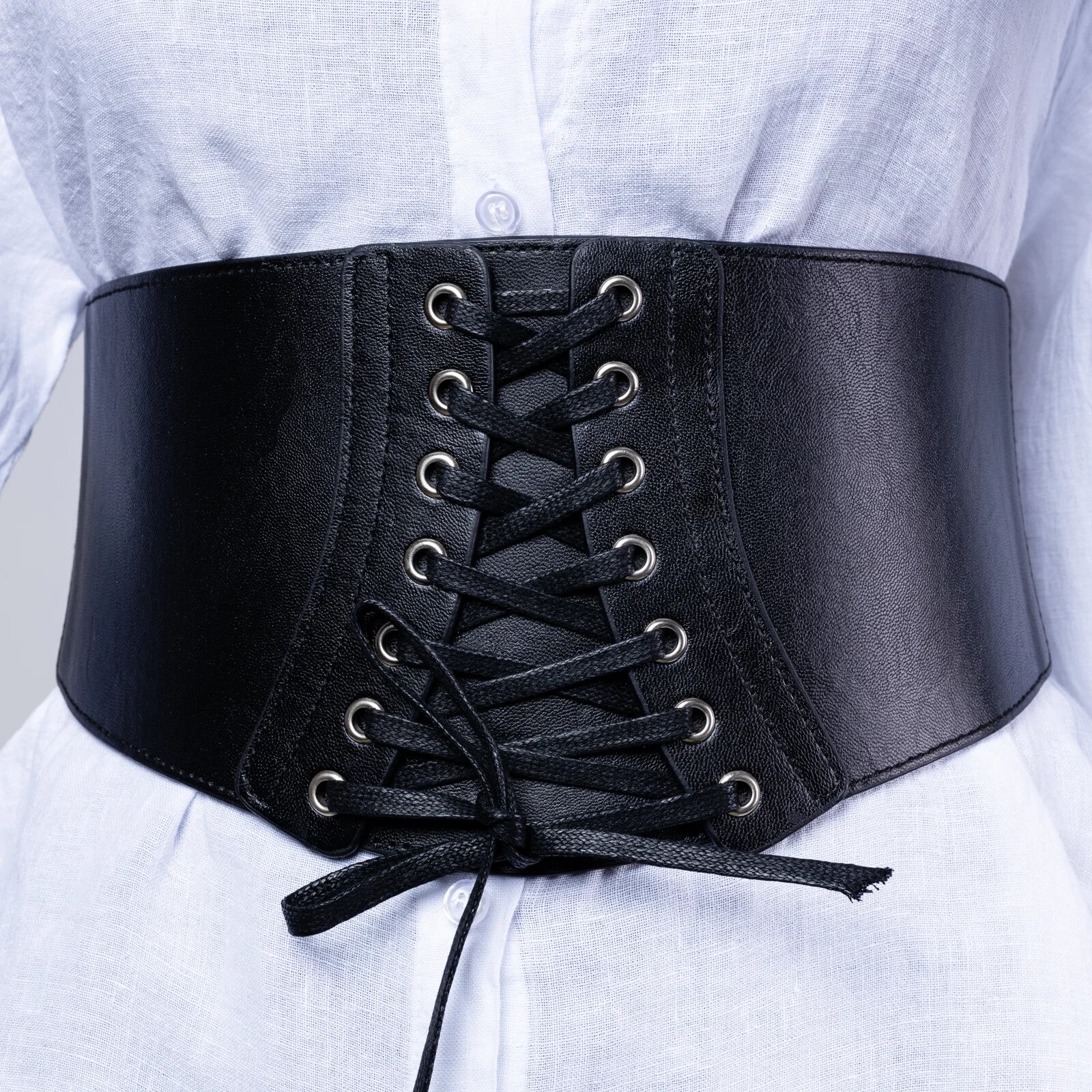 Shopika Centura neagra corset lata din piele ecologica cu siret si capse mici