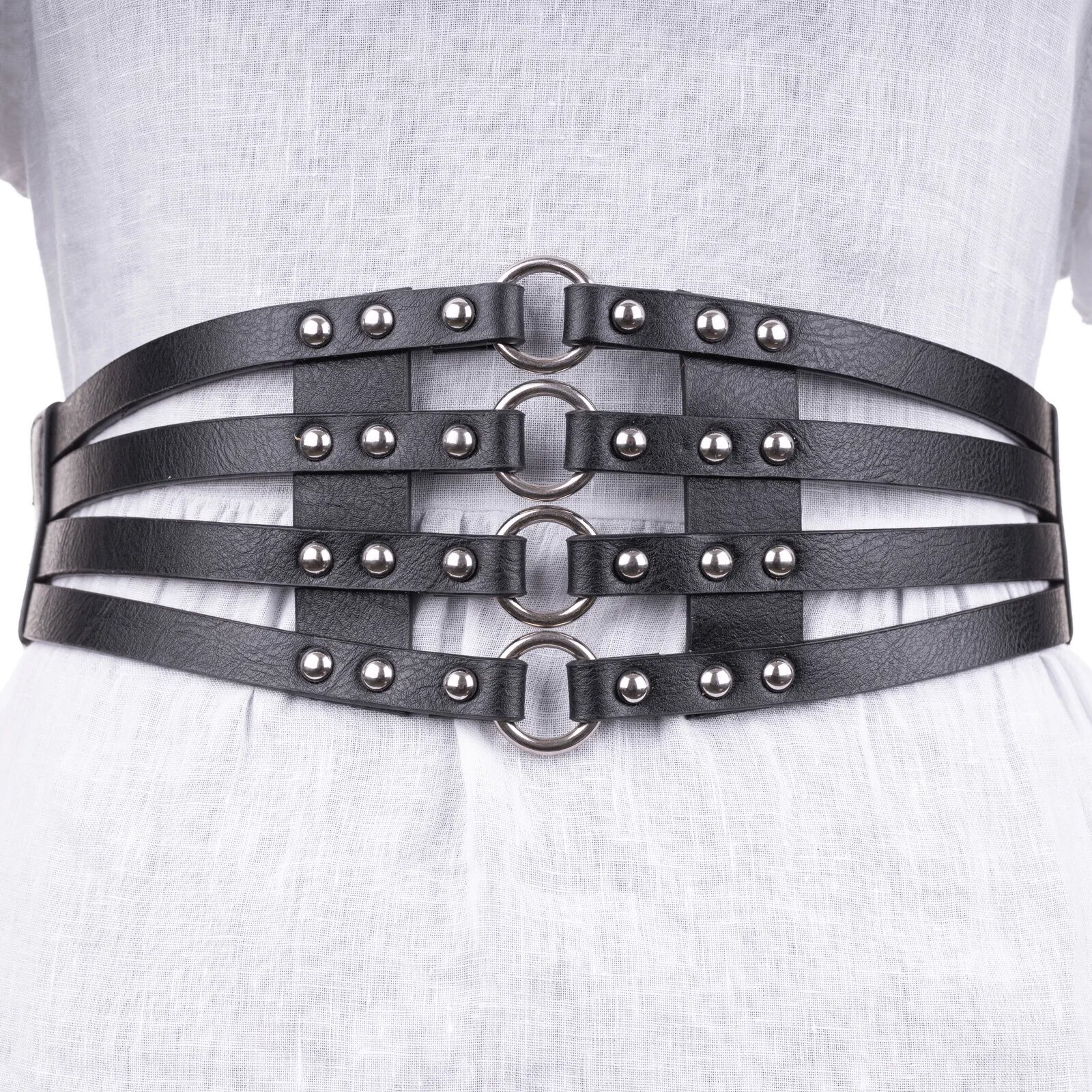 Shopika Centura neagra lata din piele ecologica cu tinte si cercuri metalice