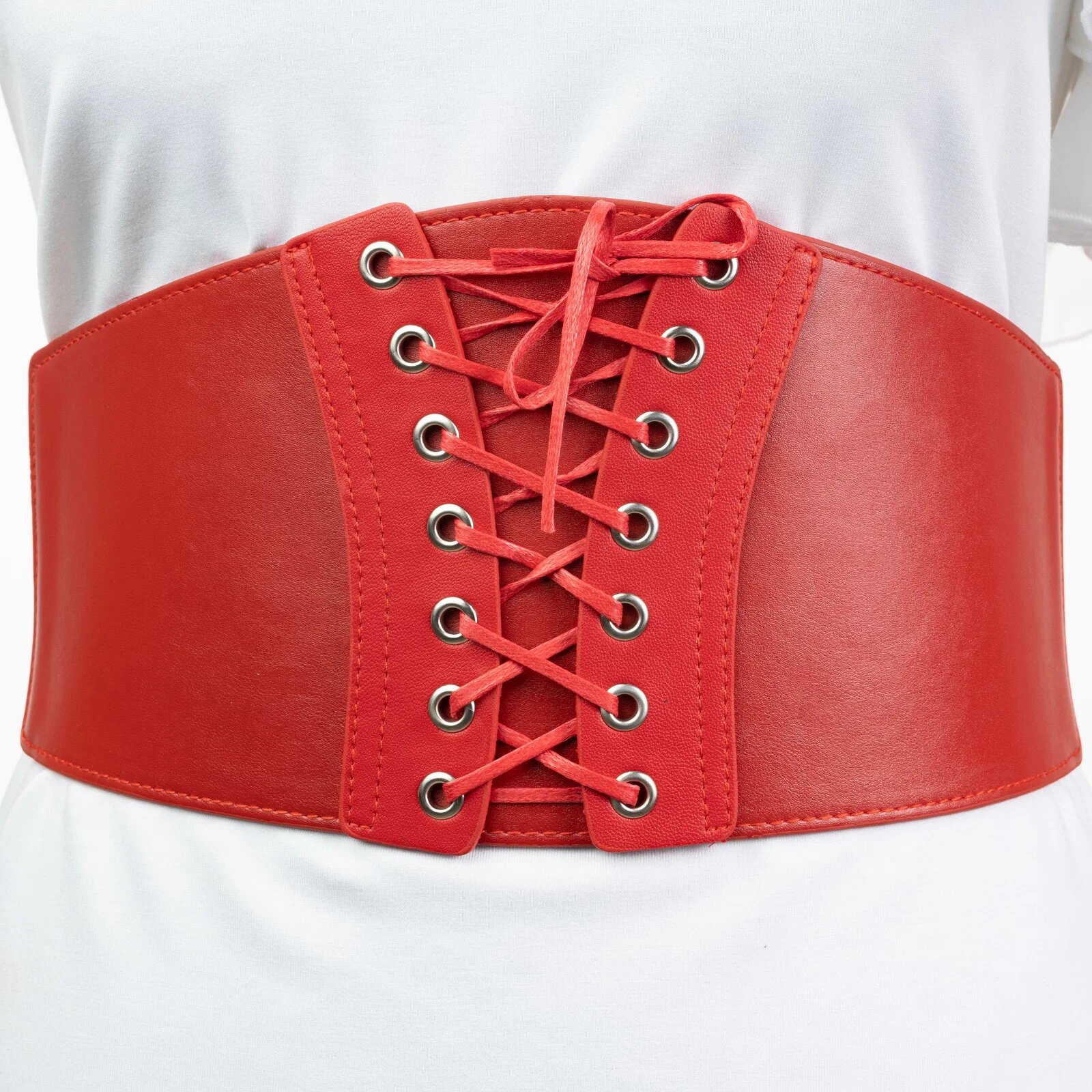 Shopika Centura rosie corset lata din piele ecologica cu siret si capse mici
