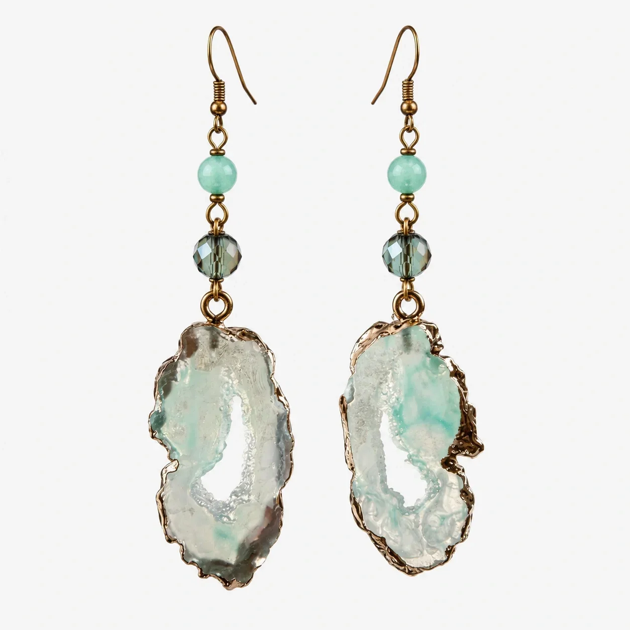 Shopika Cercei dama lungi statement cu pandantiv efect geoda si margele decorative Aqua