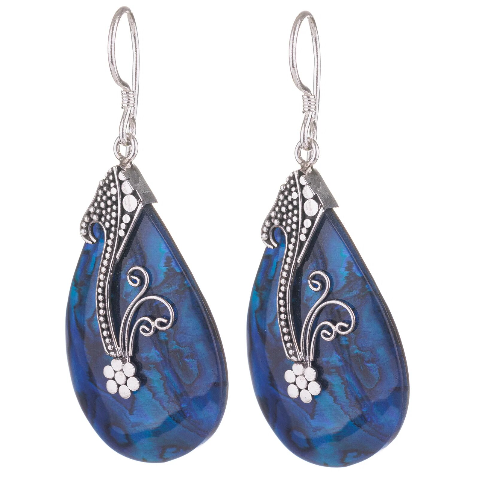 Shopika Cercei din argint 925 cu scoica naturala paua shell albastra si decoratiune florala de argint