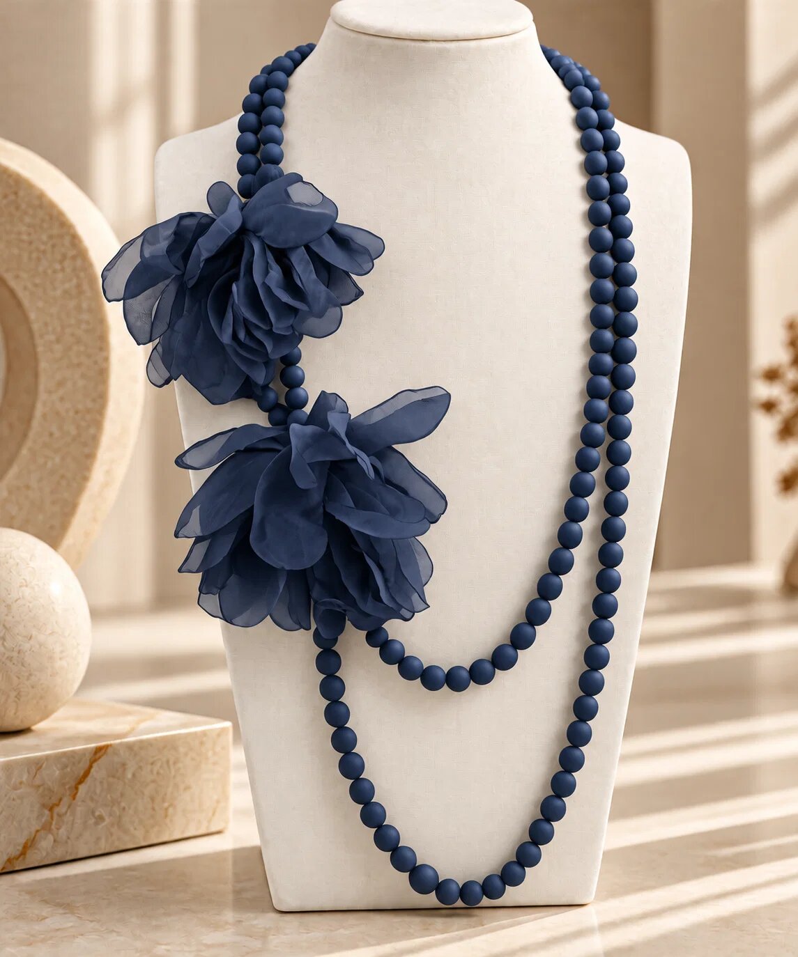Shopika Colier lung bleumarin mat cu doua flori din organza