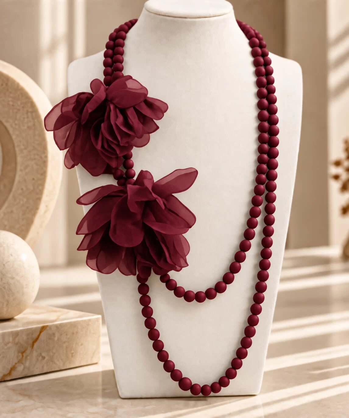 Shopika Colier lung bordo mat cu doua flori din organza