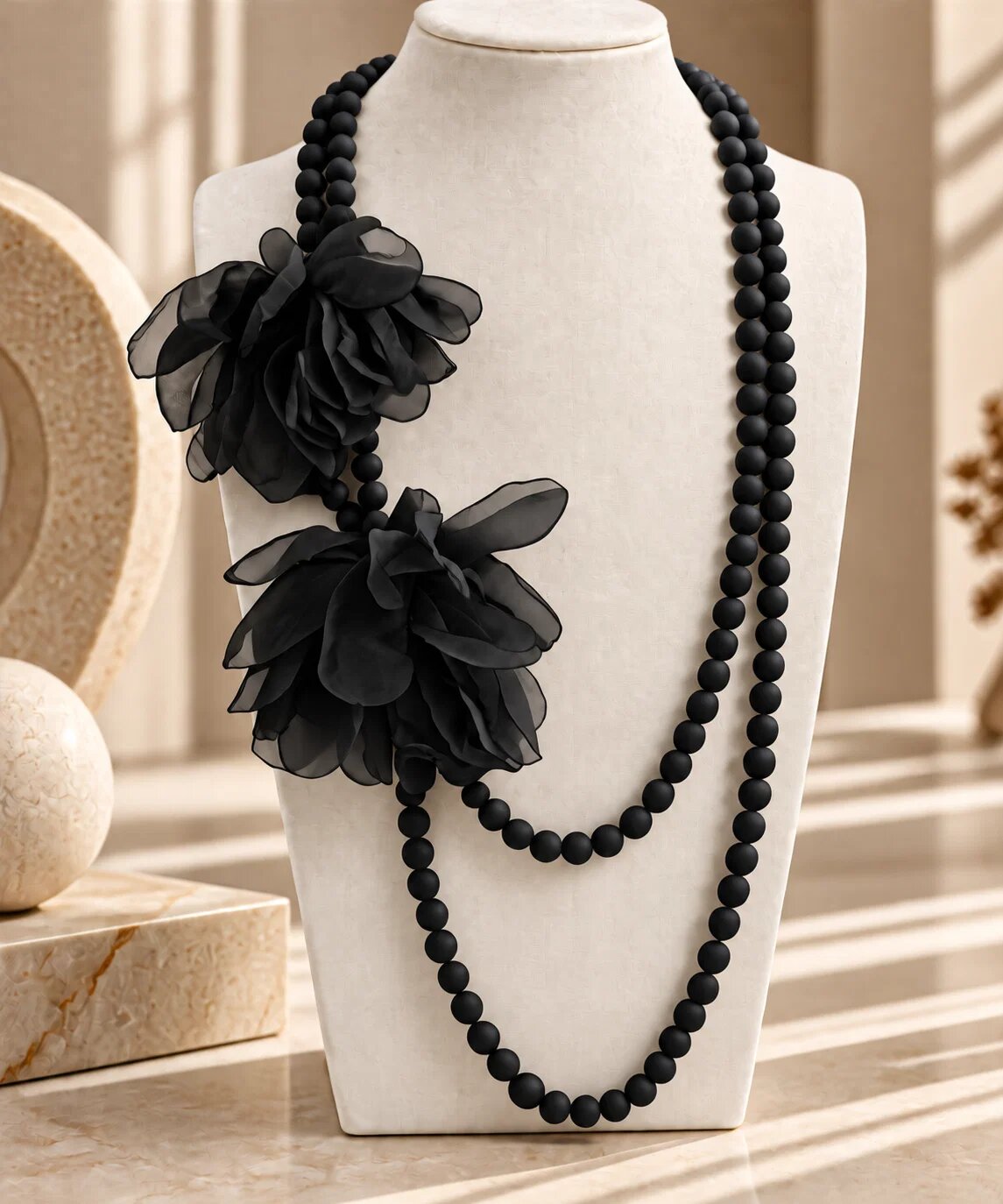 Shopika Colier lung negru mat cu doua flori din organza