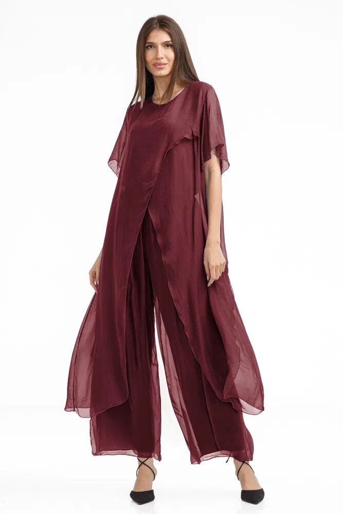 Shopika Compleu cu pantaloni lejeri si bluza fluida in colturi lungi din matase si vascoza bordo