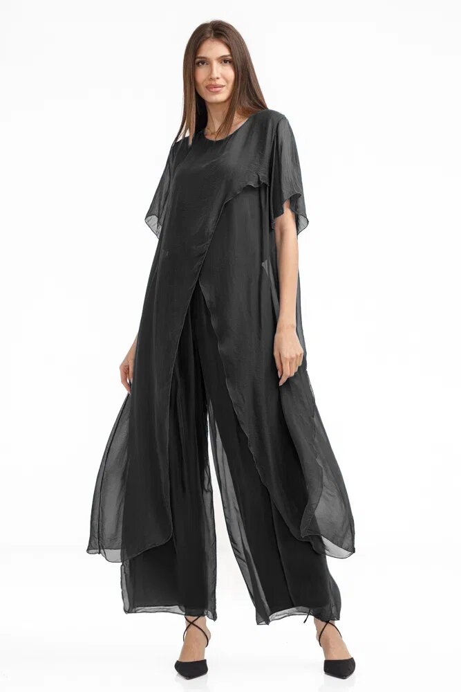 Shopika Compleu cu pantaloni lejeri si bluza fluida in colturi lungi din matase si vascoza gri inchis