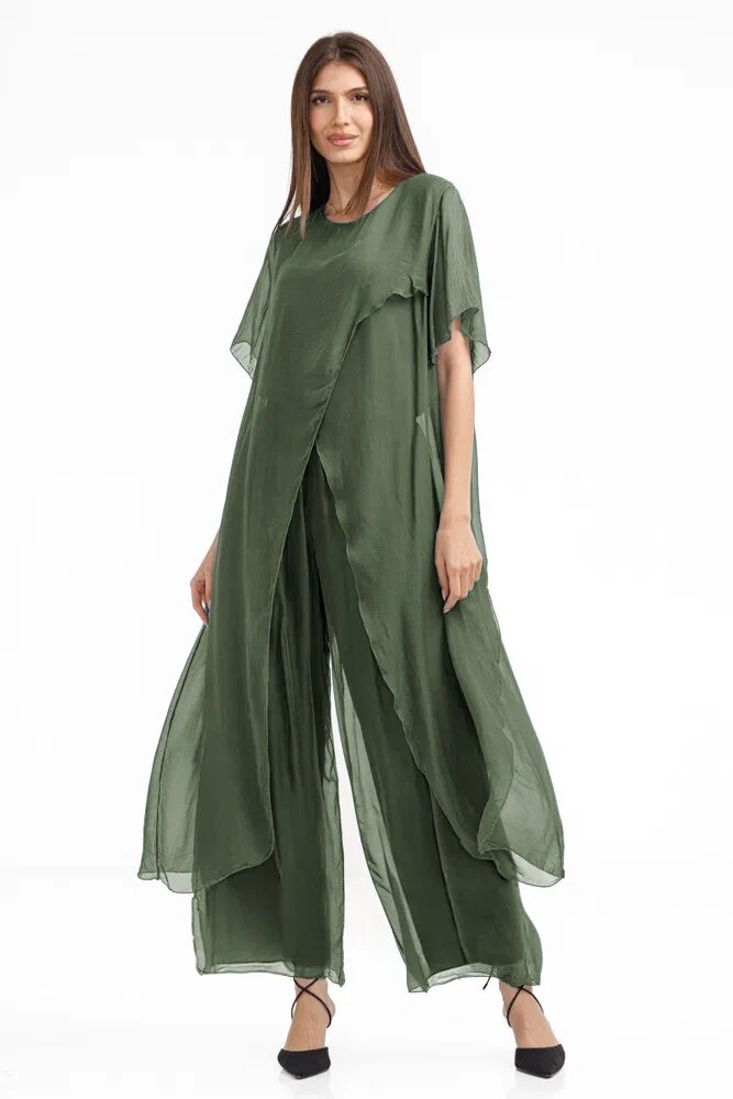 Shopika Compleu cu pantaloni lejeri si bluza fluida in colturi lungi din matase si vascoza kaki