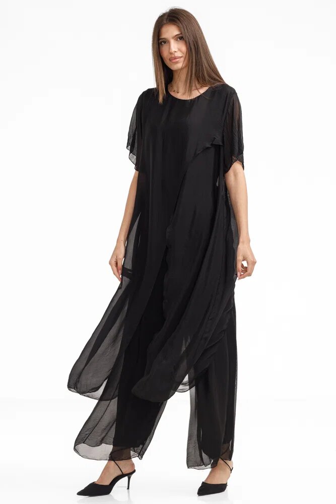 Shopika Compleu cu pantaloni lejeri si bluza fluida in colturi lungi din matase si vascoza negru