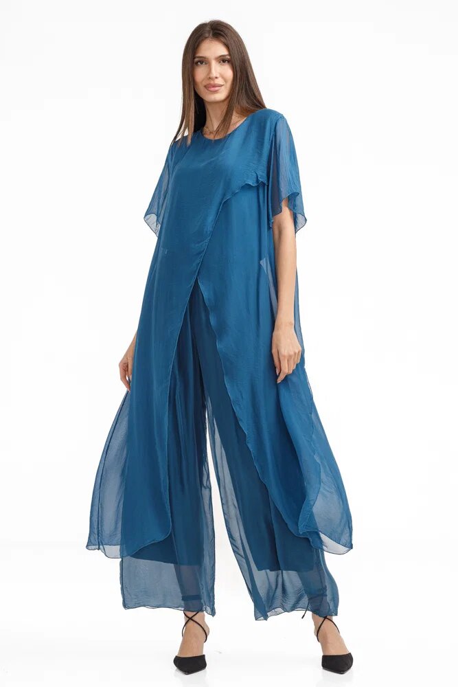 Shopika Compleu cu pantaloni lejeri si bluza fluida in colturi lungi din matase si vascoza turcoaz inchis