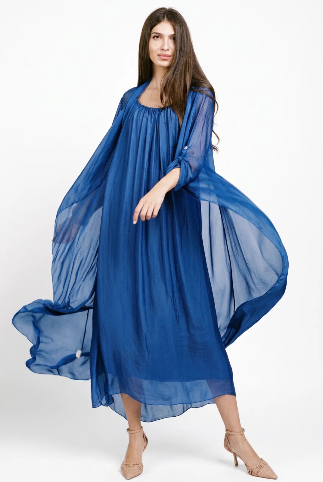 Shopika Compleu cu rochie si blazer din matase si vascoza albastru electric