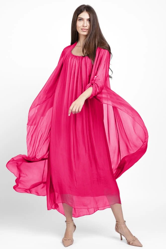Shopika Compleu cu rochie si blazer din matase si vascoza fucsia