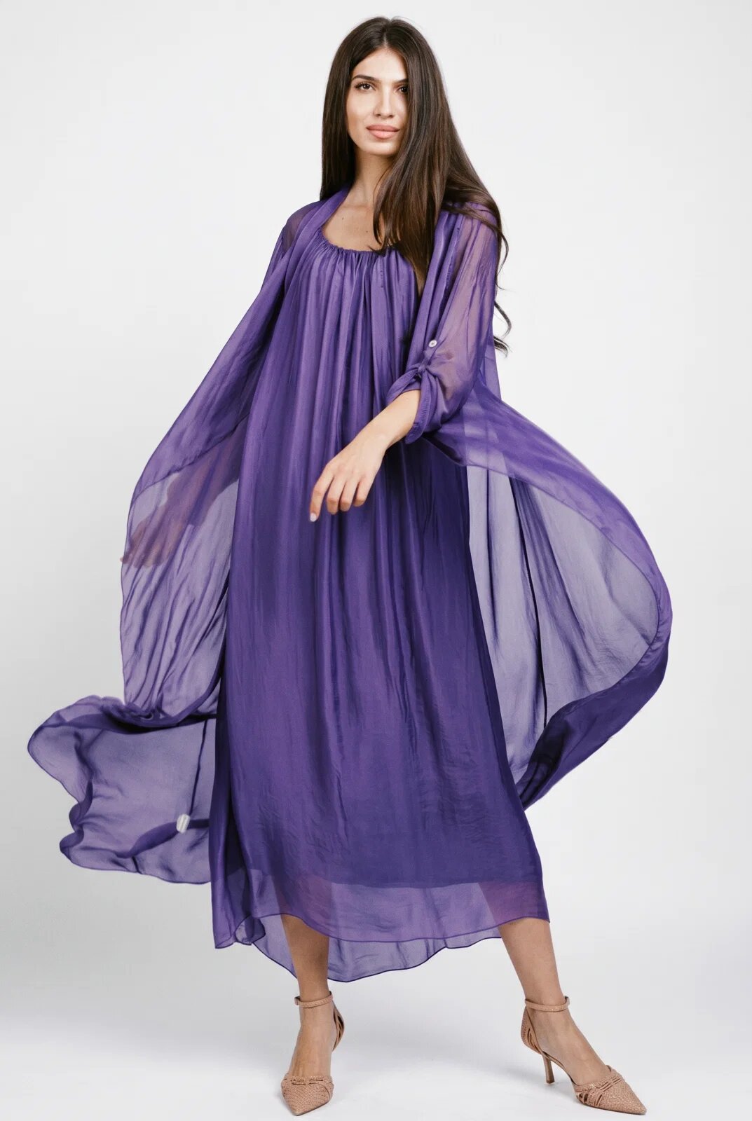 Shopika Compleu cu rochie si blazer din matase si vascoza mov