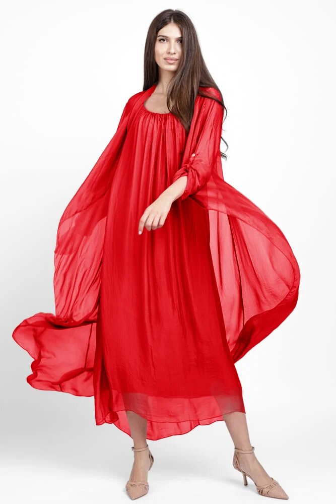 Shopika Compleu cu rochie si blazer din matase si vascoza rosu