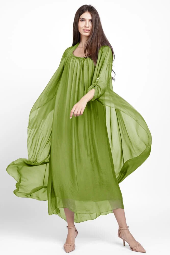 Shopika Compleu cu rochie si blazer din matase si vascoza verde oliv