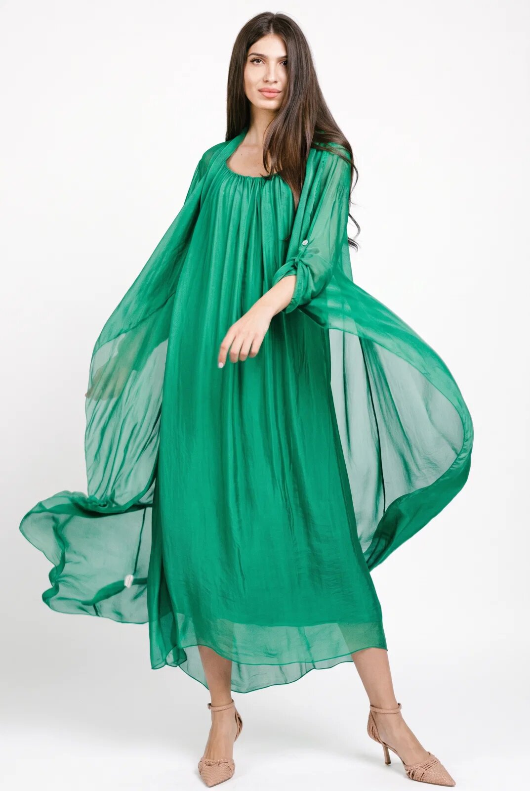 Shopika Compleu cu rochie si blazer din matase si vascoza verde smarald