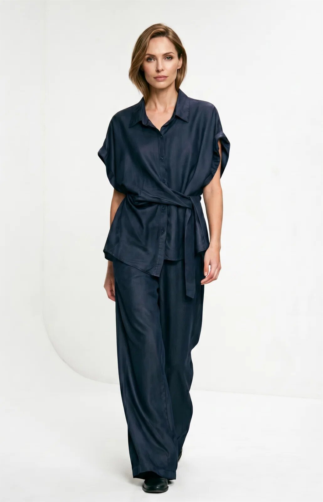 Shopika Compleu dama camasa si pantaloni croi lejer elegant casual din tencel albastru jeans inchis