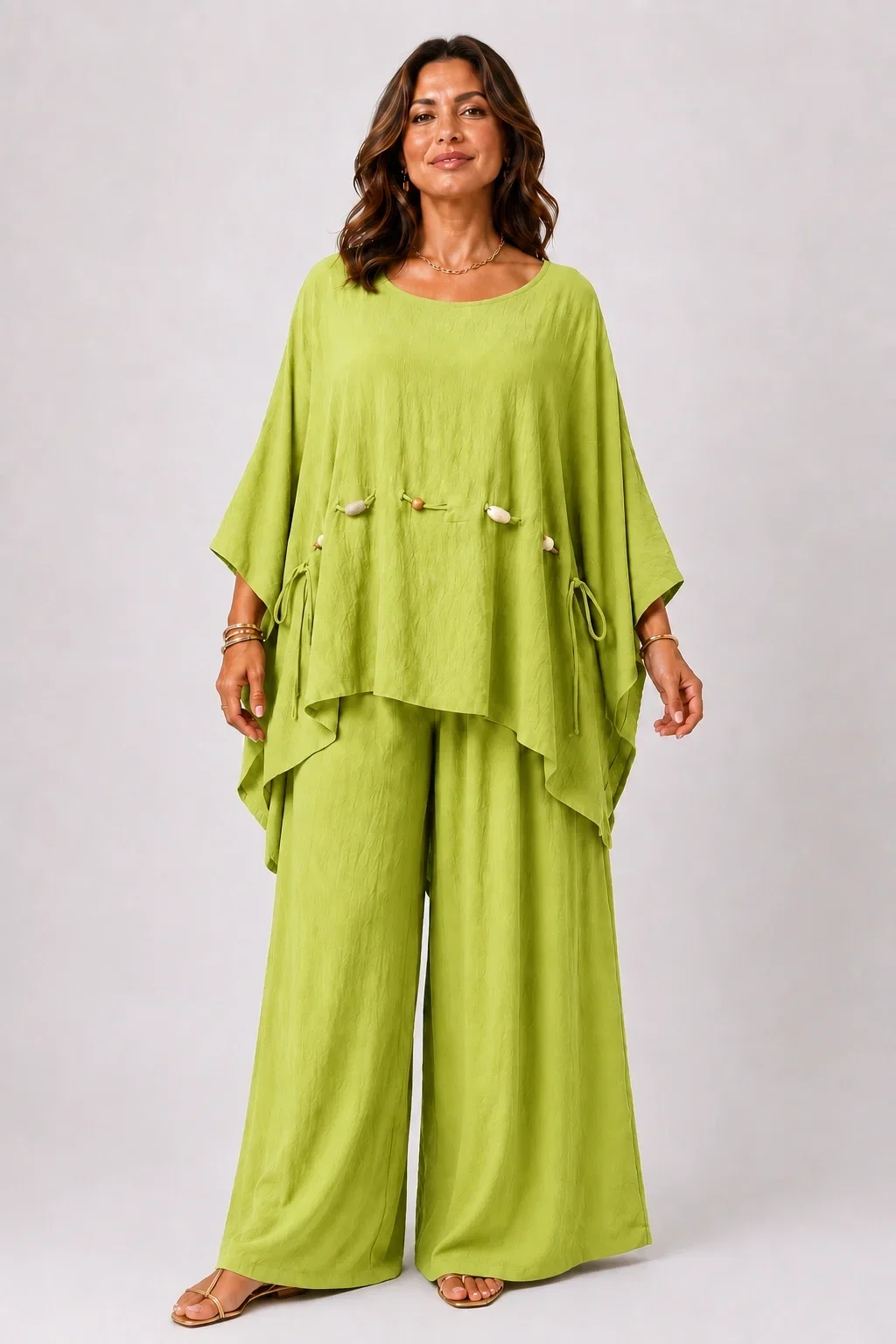 Shopika Compleu dama masura mare din vascoza cu pantaloni palazzo si bluza lejera cu margele verde olive