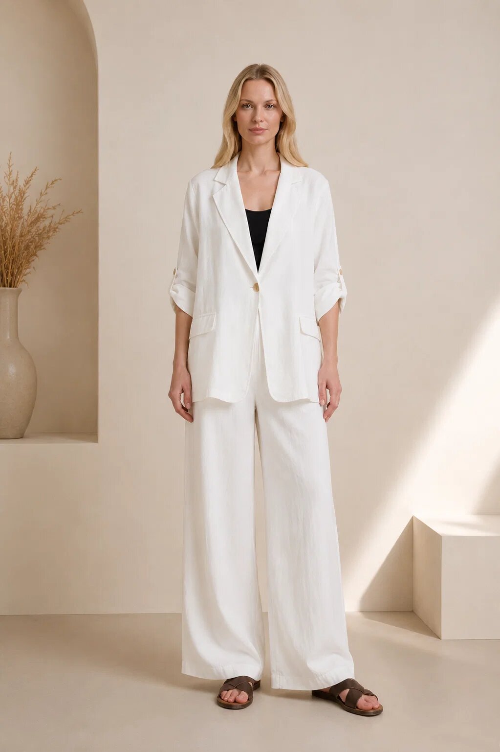 Shopika Compleu din in alb sacou lejer si pantaloni largi stil minimalist elegant