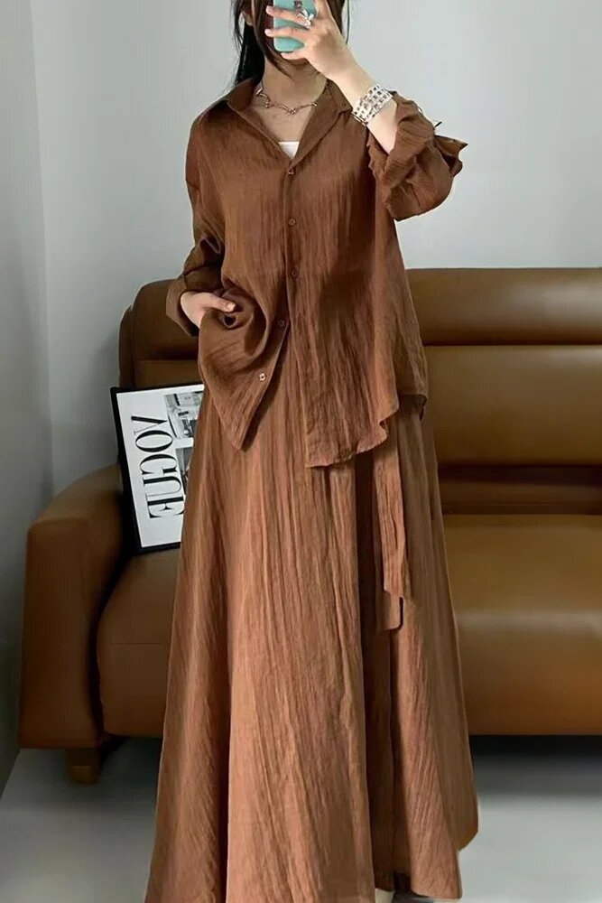 Shopika Compleu din vascoza si bumbac creponate cu camasa si fusta petrecuta camel