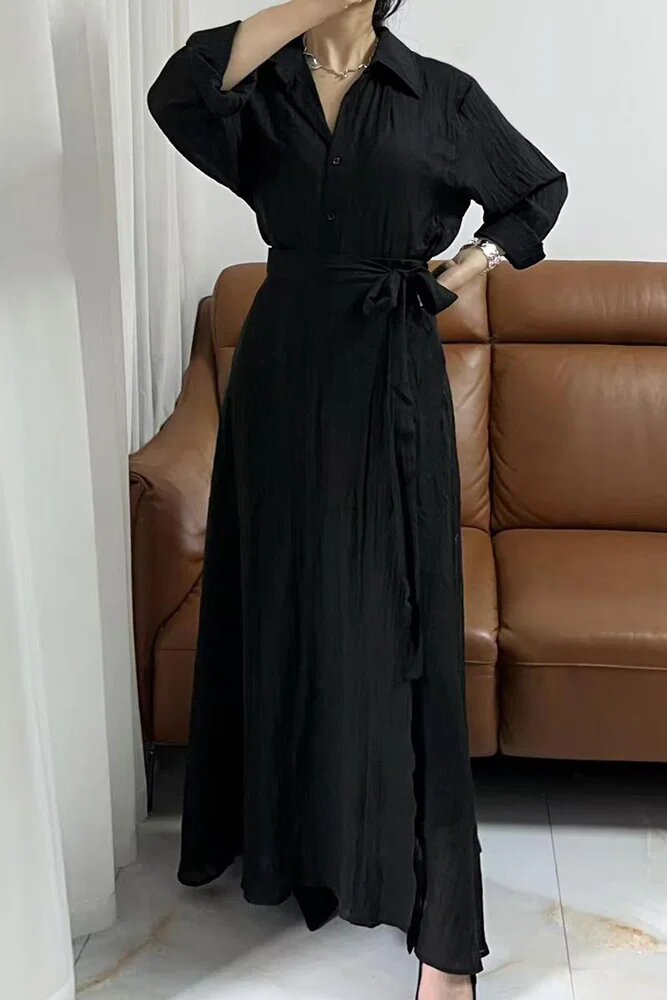 Shopika Compleu din vascoza si bumbac creponate cu camasa si fusta petrecuta negru