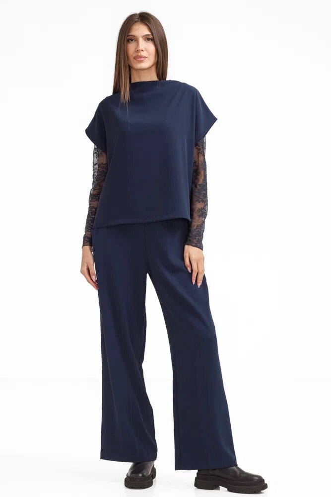 Shopika Compleu elegant dama cu bluza și pantaloni drepti bleumarin