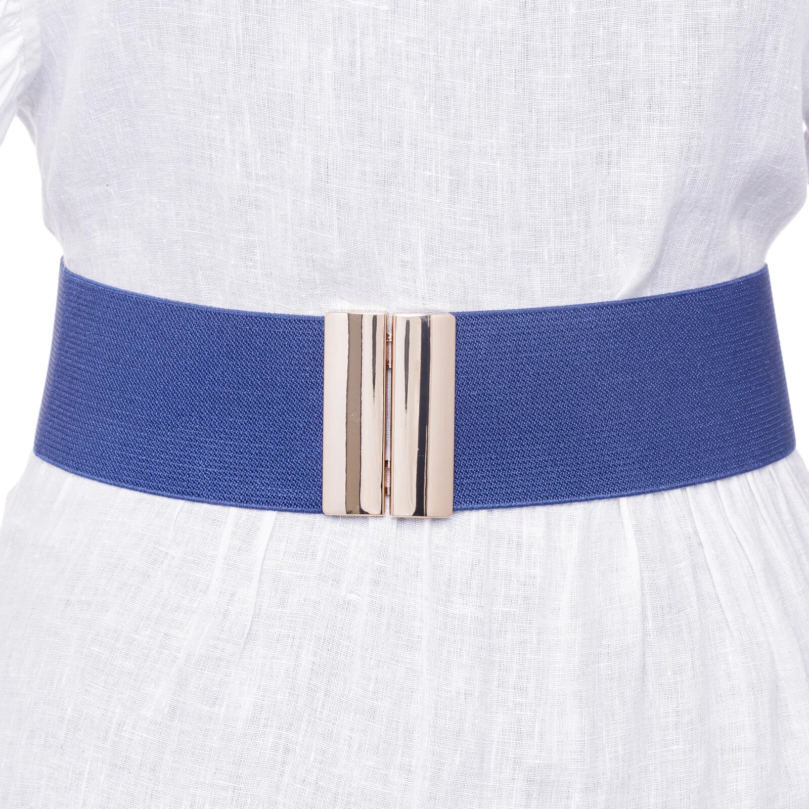 Shopika Curea bleumarin 6 cm latime din material elastic cu catarama aurie