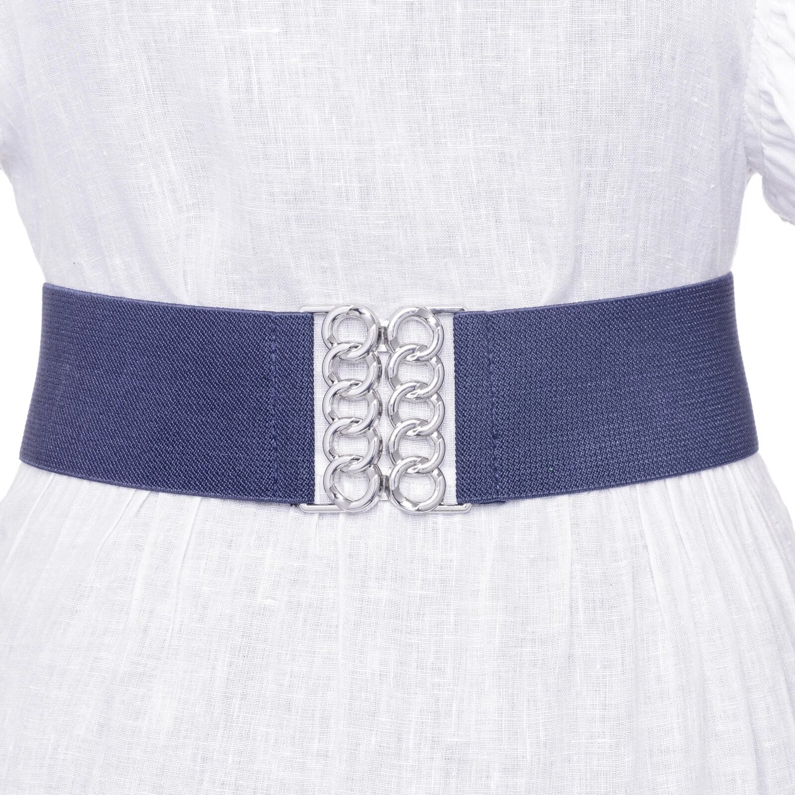 Shopika Curea bleumarin de 6 cm din material elastic cu catarama argintie in forma de opturi