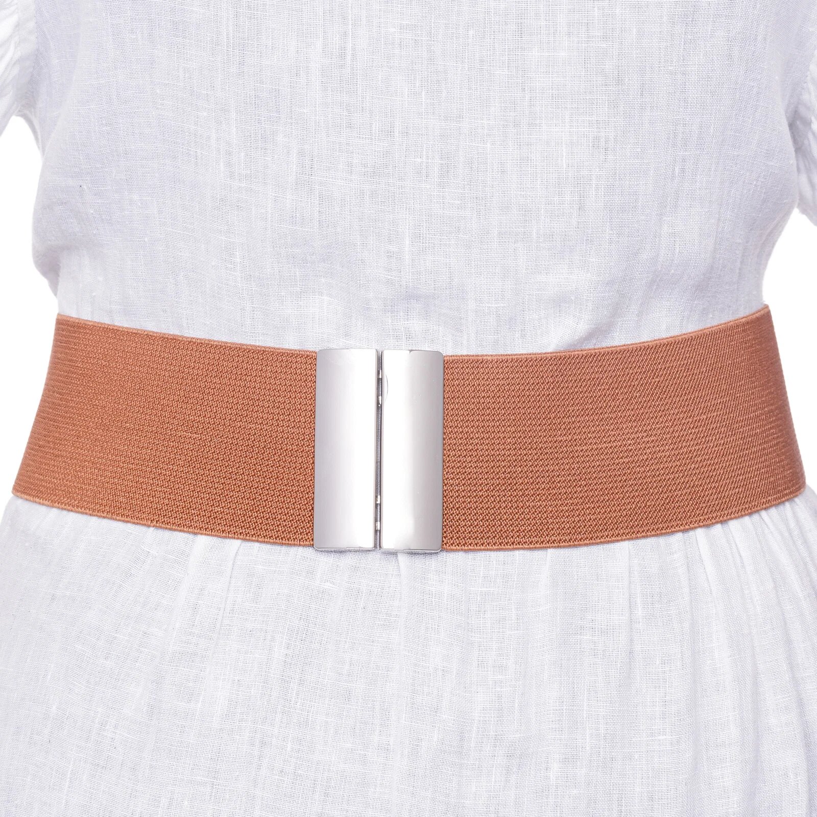 Shopika Curea camel 6 cm latime din material elastic cu catarama argintie