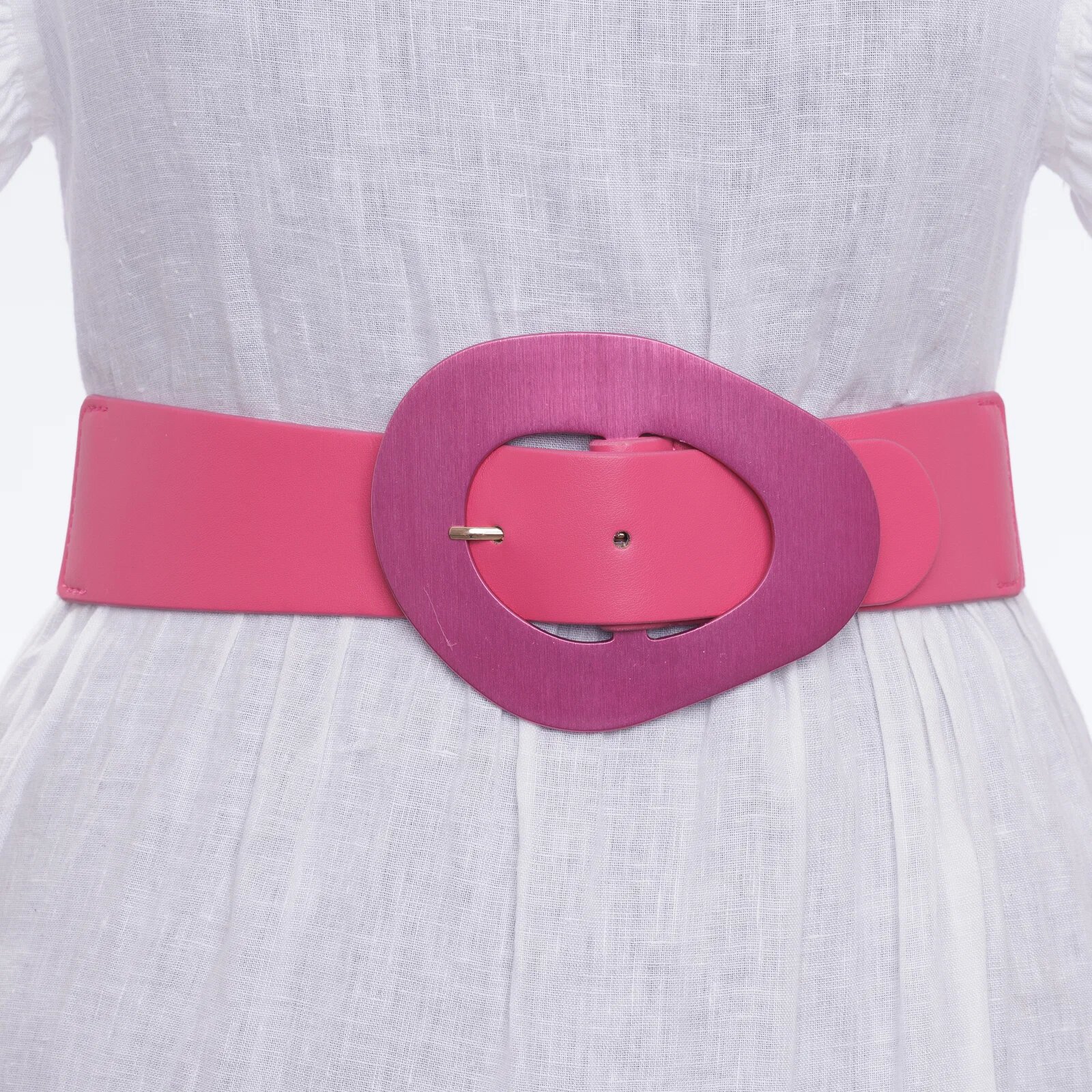 Shopika Curea din piele ecologica fucsia cu catarama neregulata metalica si elastic la spate