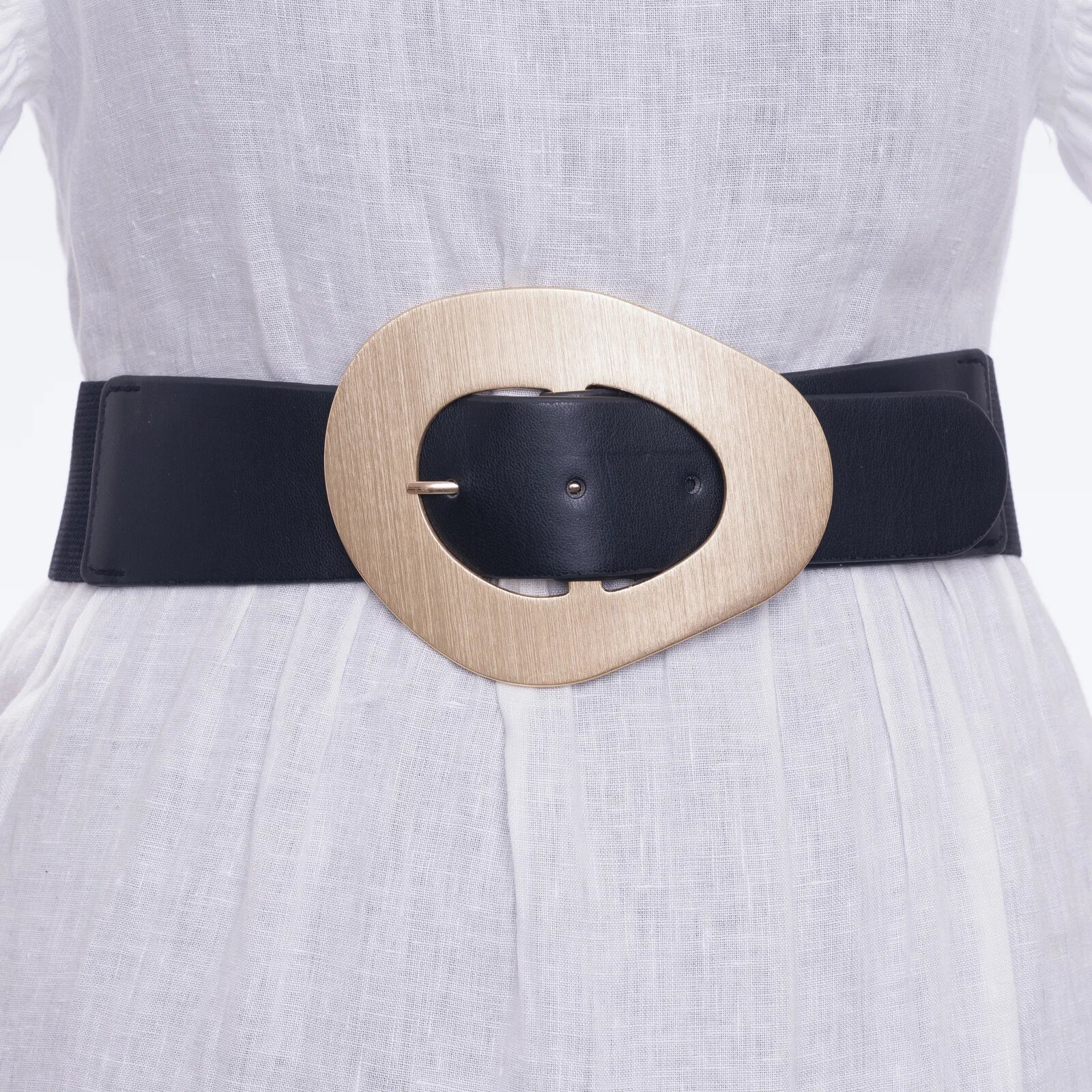 Shopika Curea din piele ecologica neagra cu catarama neregulata aurie si elastic la spate