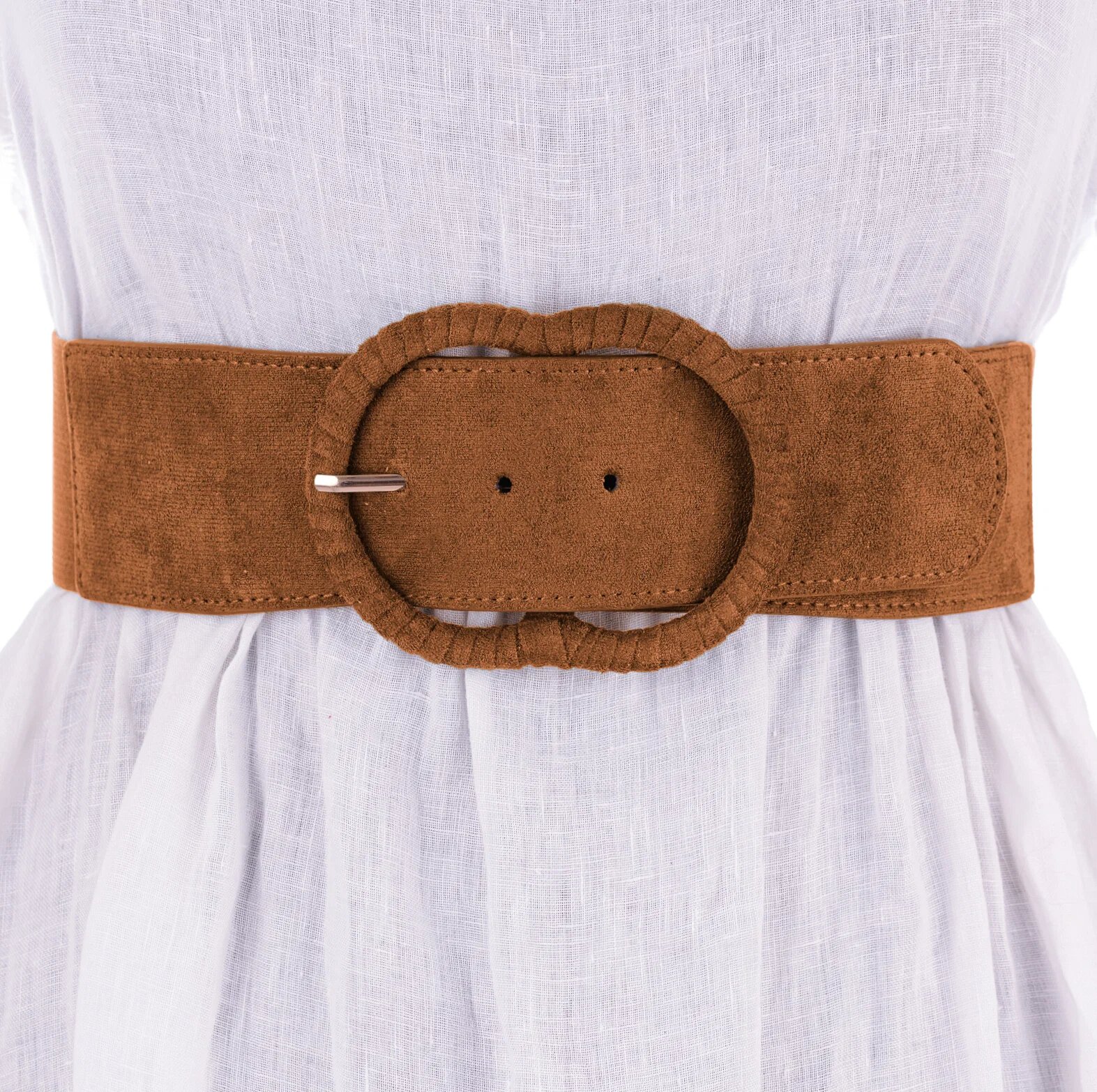 Shopika Curea din piele intoarsa ecologica cu catarama imbracata si elastic la spate camel