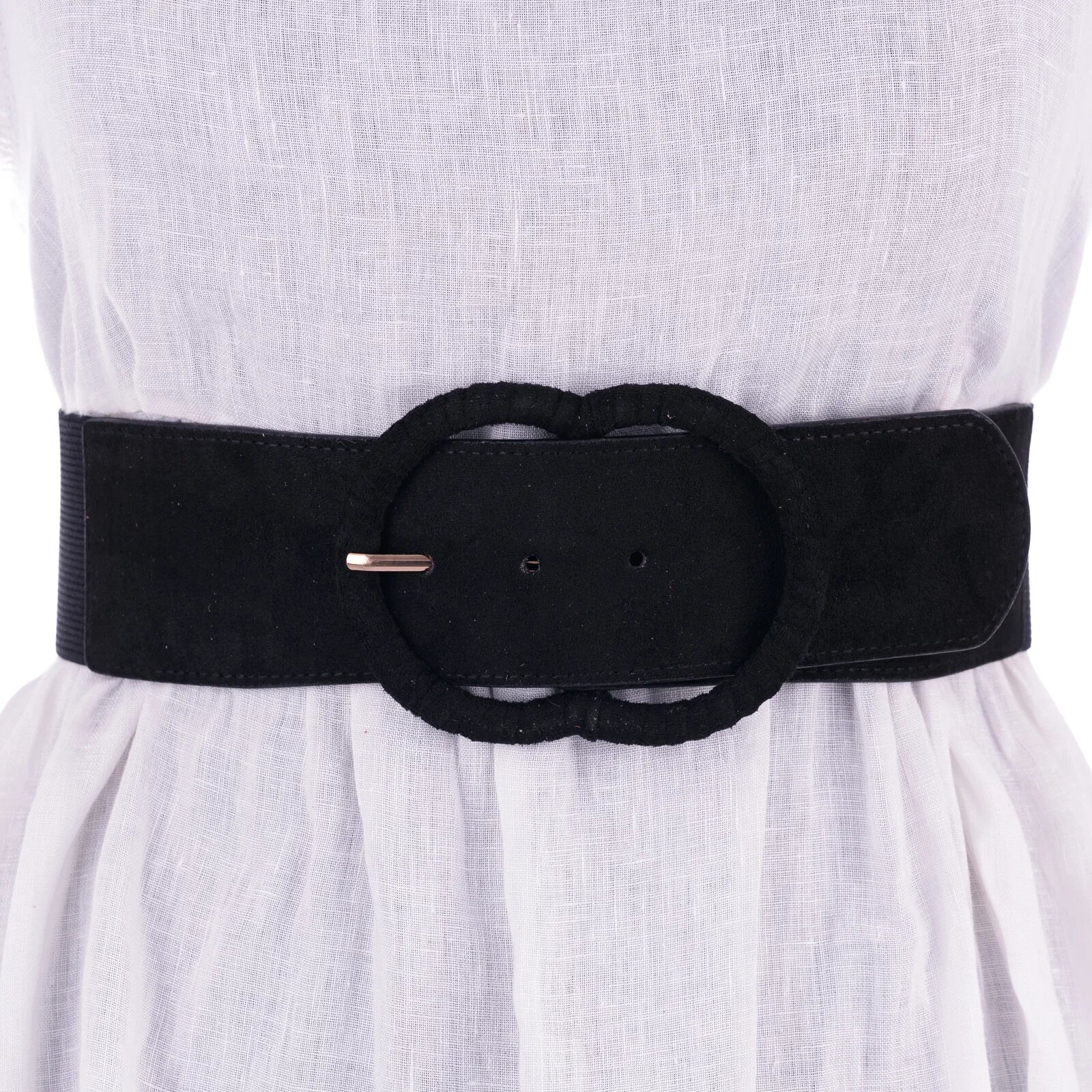 Shopika Curea din piele intoarsa ecologica cu catarama imbracata si elastic la spate neagra