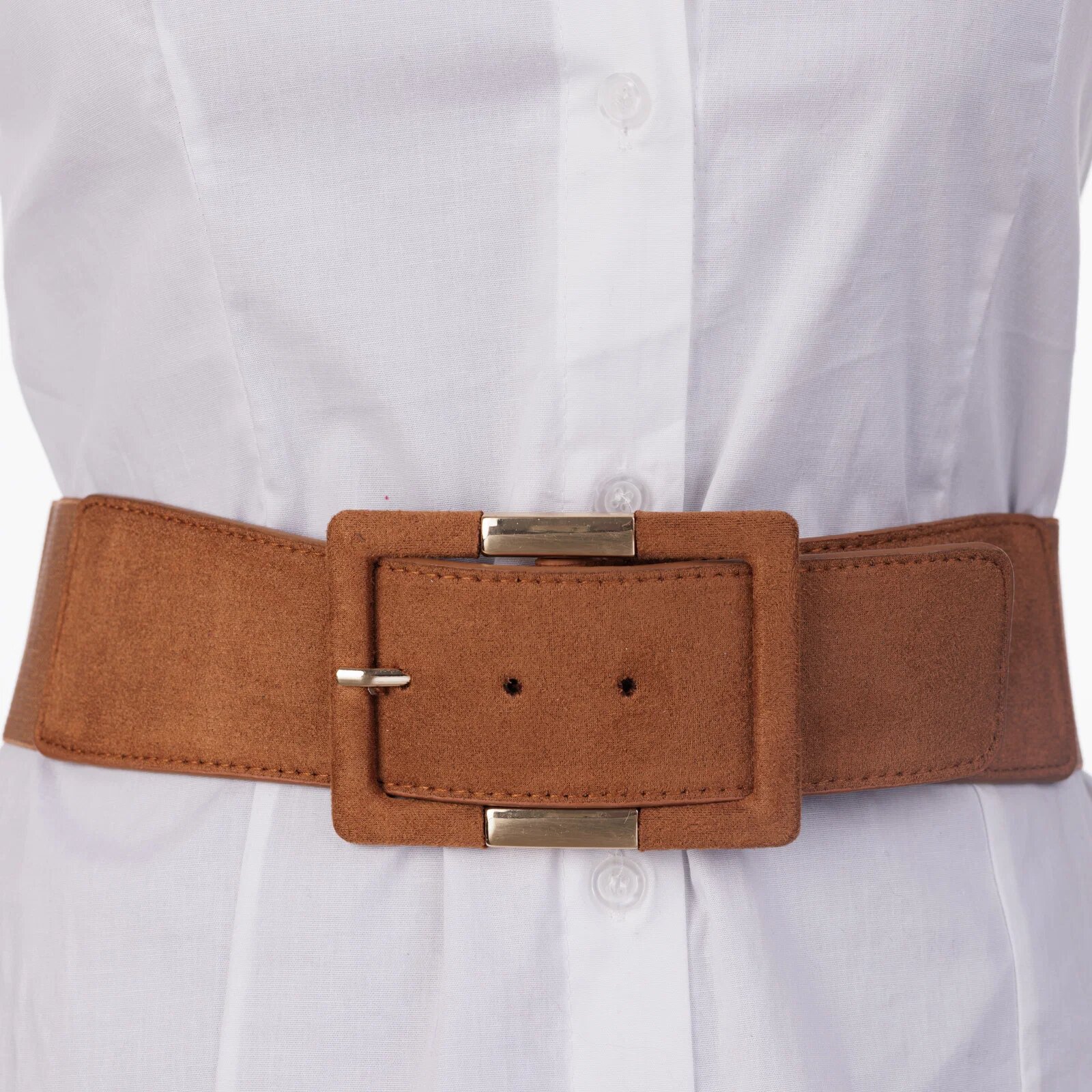 Shopika Curea elastica cu piele ecologica camel si catarama dreptunghiulara cu decoratiune aurie