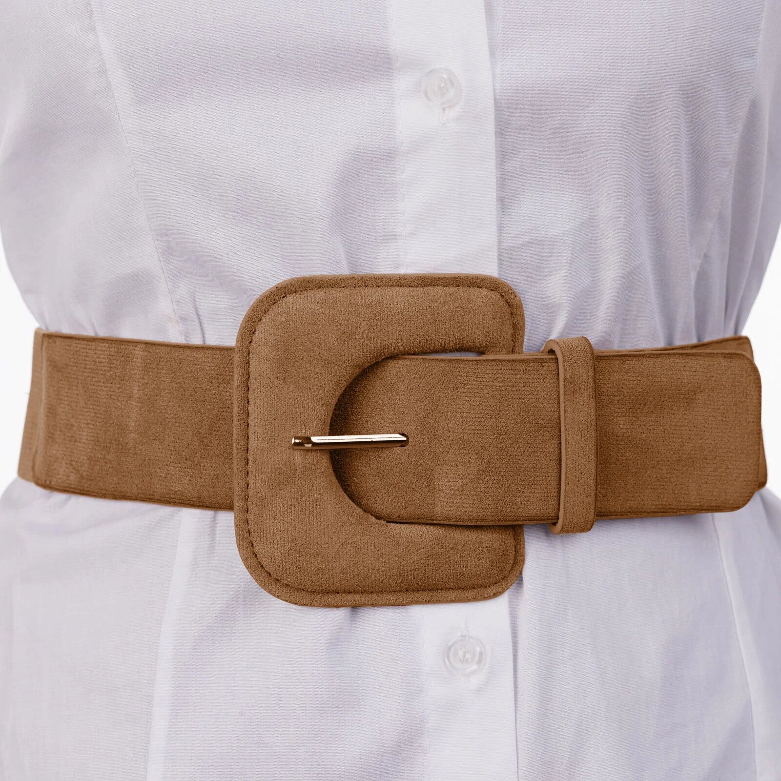Shopika Curea elastica cu piele intoarsa ecologica camel si catarama dreptunghiulara cu colturi rotunjite
