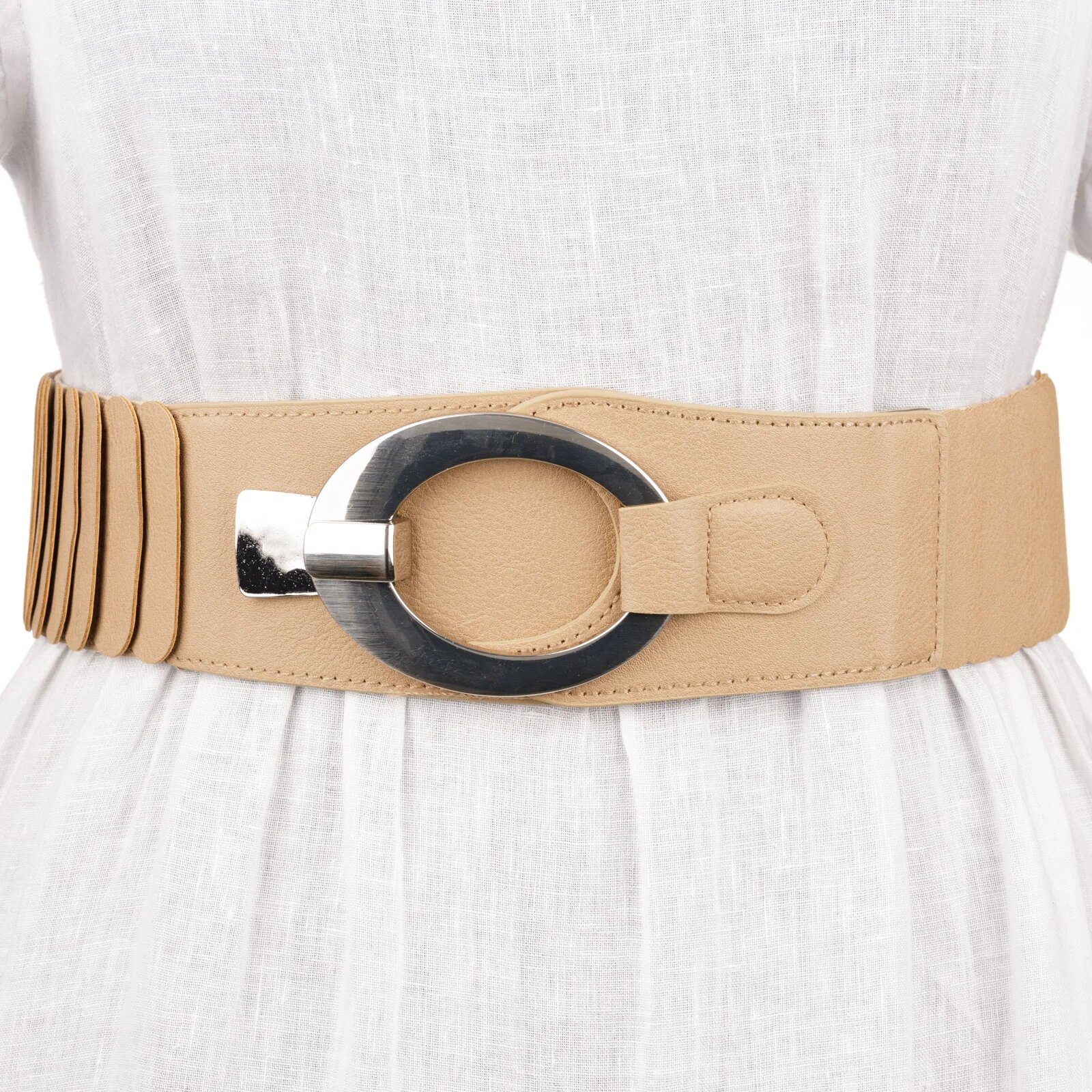 Shopika Curea elastica cu solzi din piele ecologica bej de 6 cm latime cu catarama ovala argintie