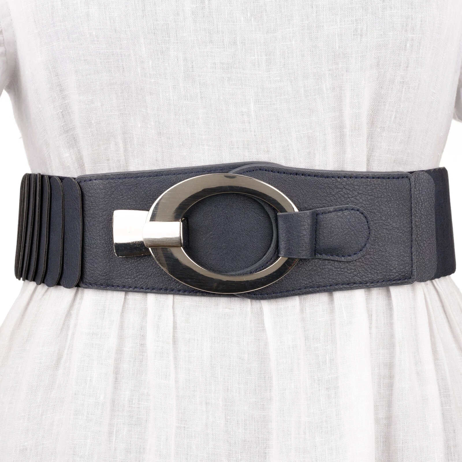 Shopika Curea elastica cu solzi din piele ecologica bleumarin de 6 cm latime cu catarama ovala argintie