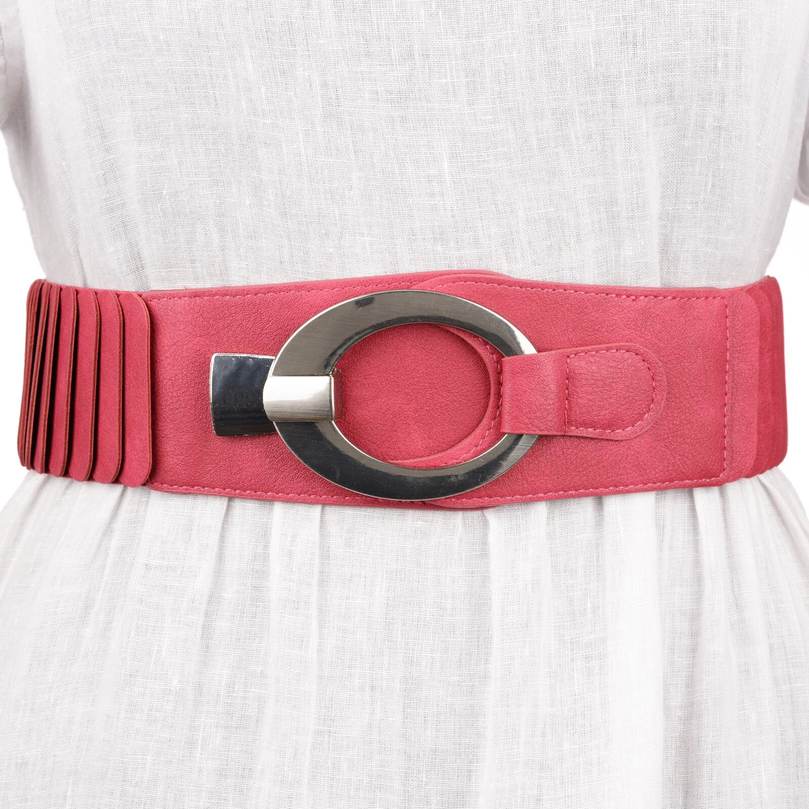 Shopika Curea elastica cu solzi din piele ecologica fucsia de 6 cm latime cu catarama ovala argintie