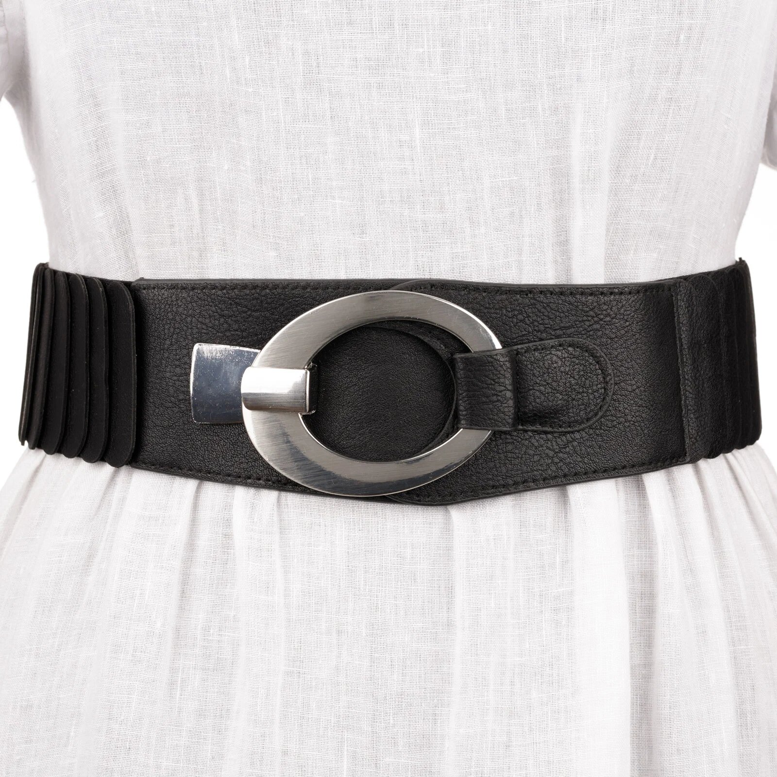 Shopika Curea elastica cu solzi din piele ecologica neagra de 6 cm latime cu catarama ovala argintie