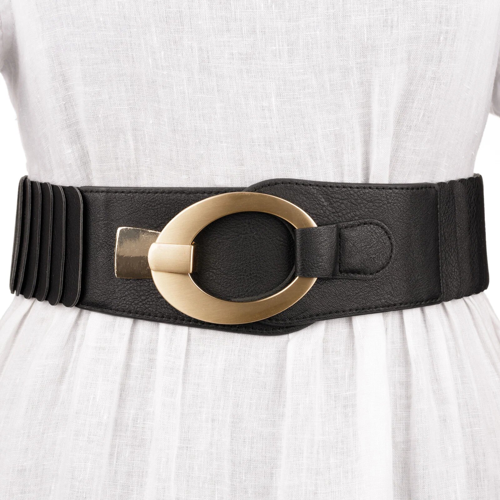 Shopika Curea elastica cu solzi din piele ecologica neagra de 6 cm latime cu catarama ovala aurie