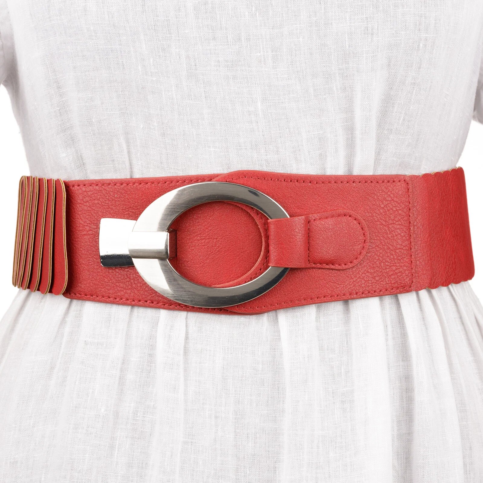 Shopika Curea elastica cu solzi din piele ecologica rosie de 6 cm latime cu catarama ovala argintie