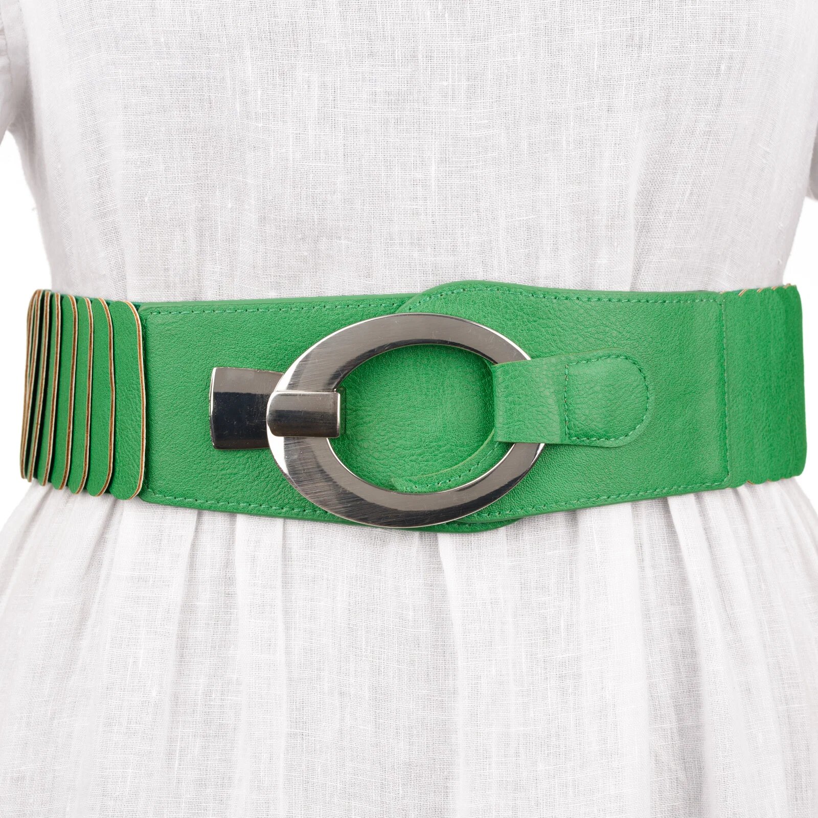 Shopika Curea elastica cu solzi din piele ecologica verde de 6 cm latime cu catarama ovala argintie