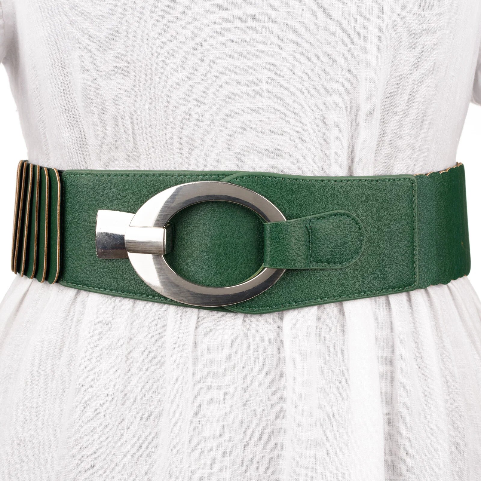 Shopika Curea elastica cu solzi din piele ecologica verde inchis de 6 cm latime cu catarama ovala argintie