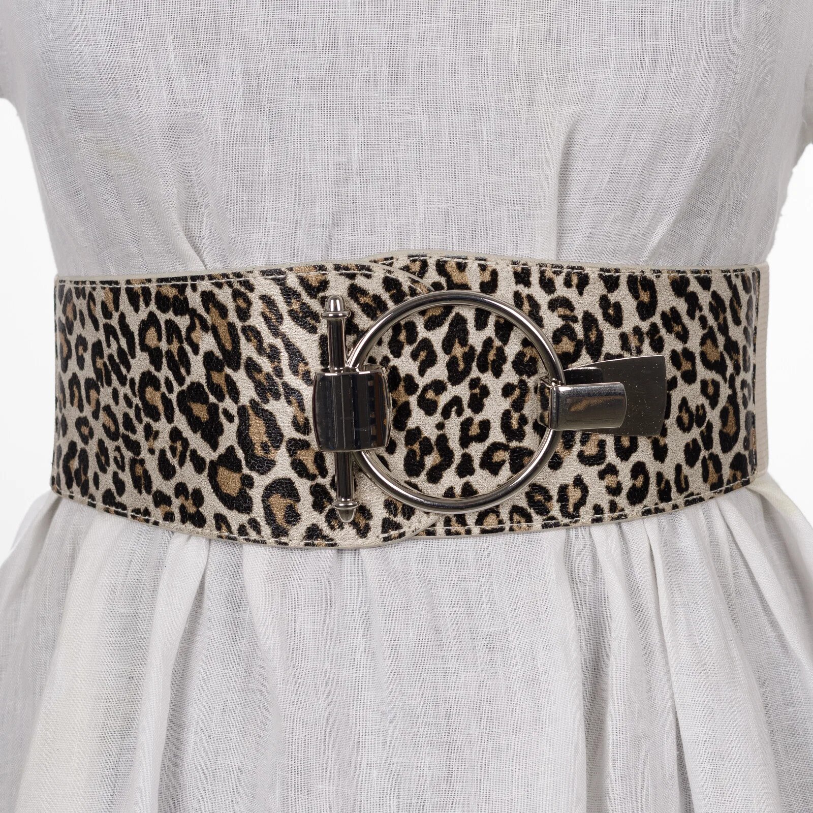 Shopika Curea elastica din piele ecologica bej cu animal print si catarama ovala argintie