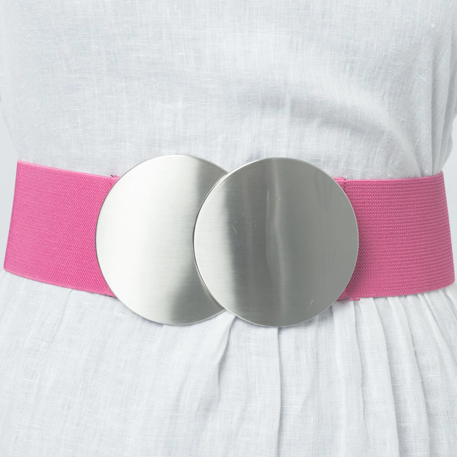 Shopika Curea elastica fucsia 6 cm latime cu catarama doua cercuri argintii