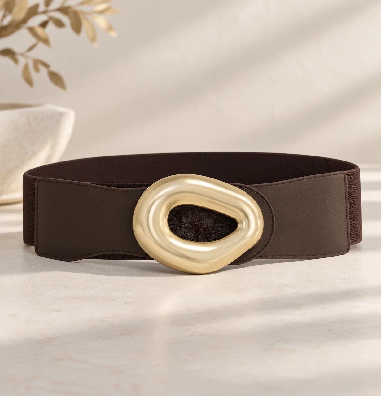 Shopika Curea elastica maro cu latime de 7 cm catarama aurie